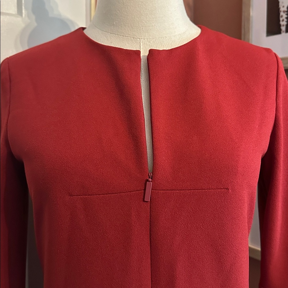 Tibi Brick Red Bell Sleeve Mini 0 Lined Dual Zippers Shift Polyester Blend Dress View 6